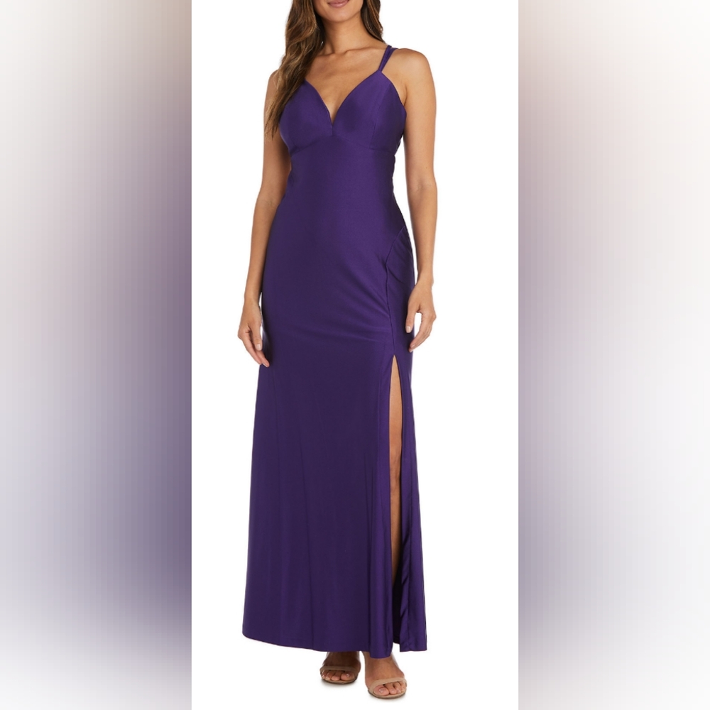 Morgan & Co Power Sateen Slim Hi Slit Deep V Ruched & Strappy Back Size 7 NWT